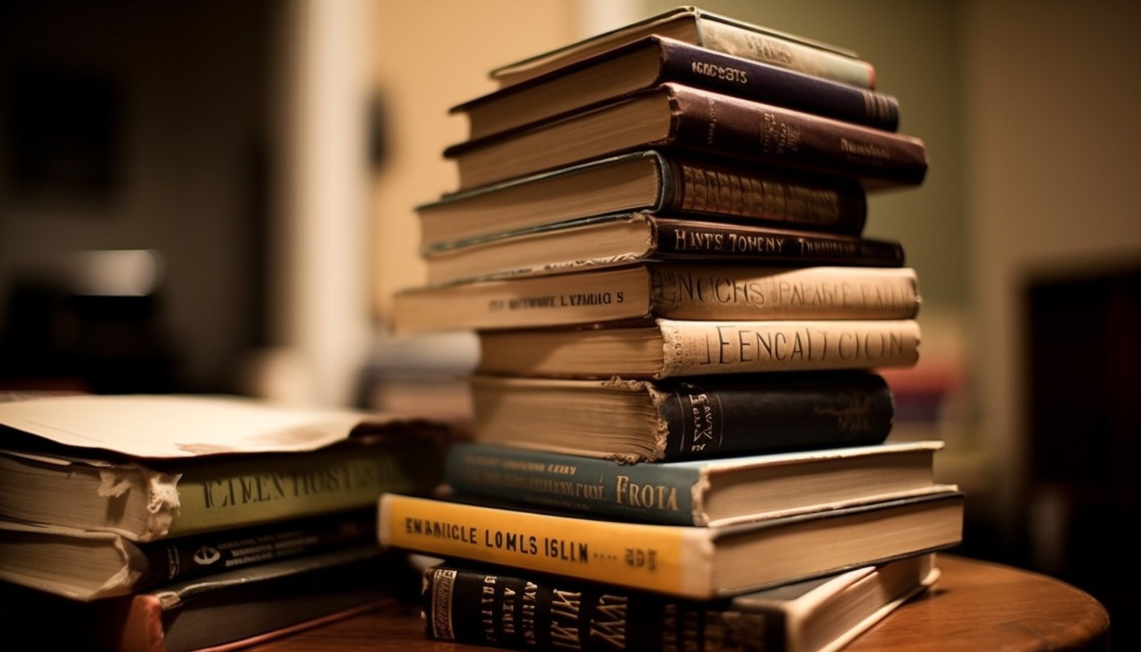 Antique book collection on old bookshelf generated by artificial intelligence